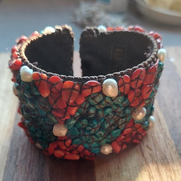 SOMS TH Handcrafted Arizona River Turquoise Red Coral Pearl Artisan Beaded Cuff - Picture 7 of 7
